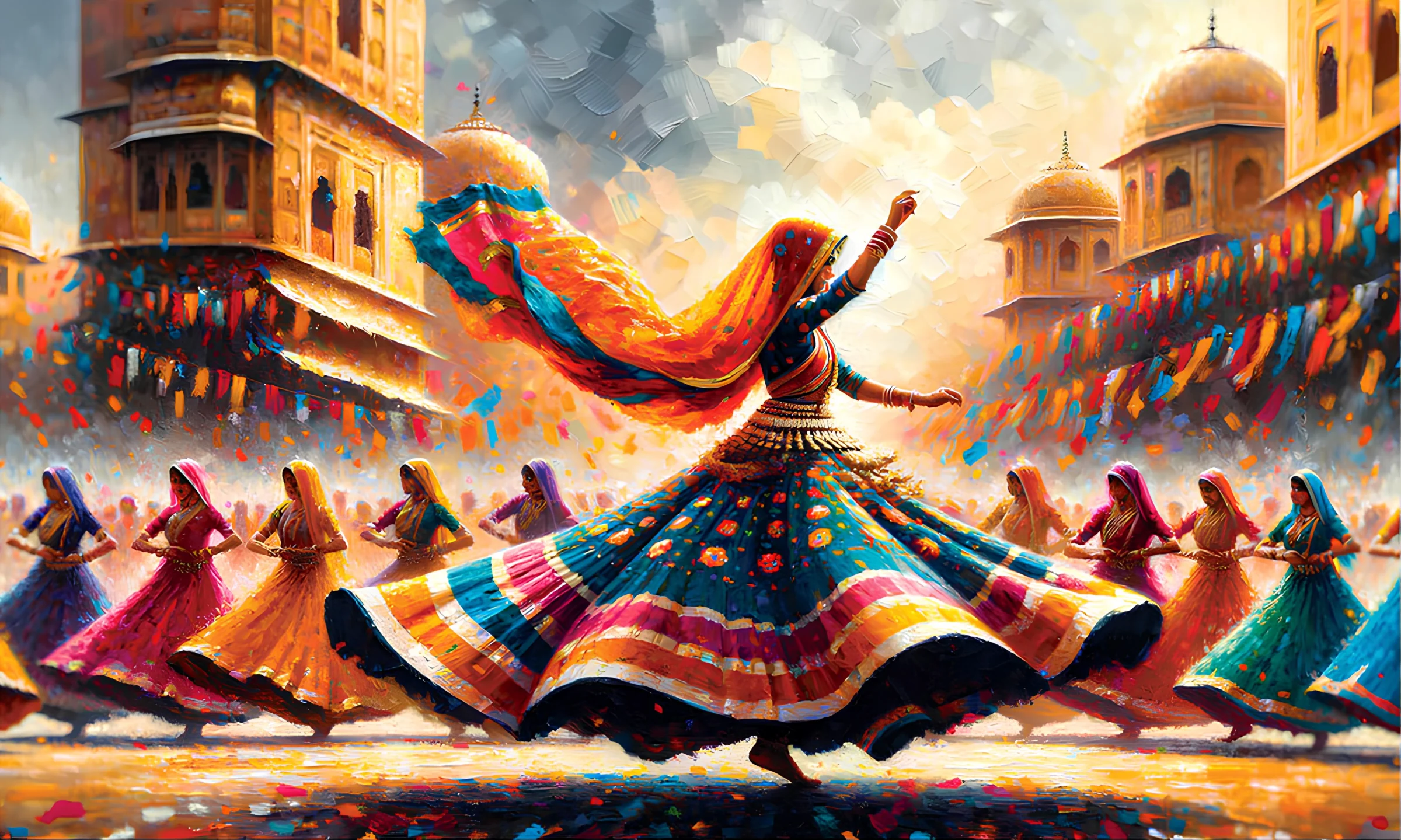 The Ghoomar painting in the Tulsi dining room - Rajasthani dancers in full swirl